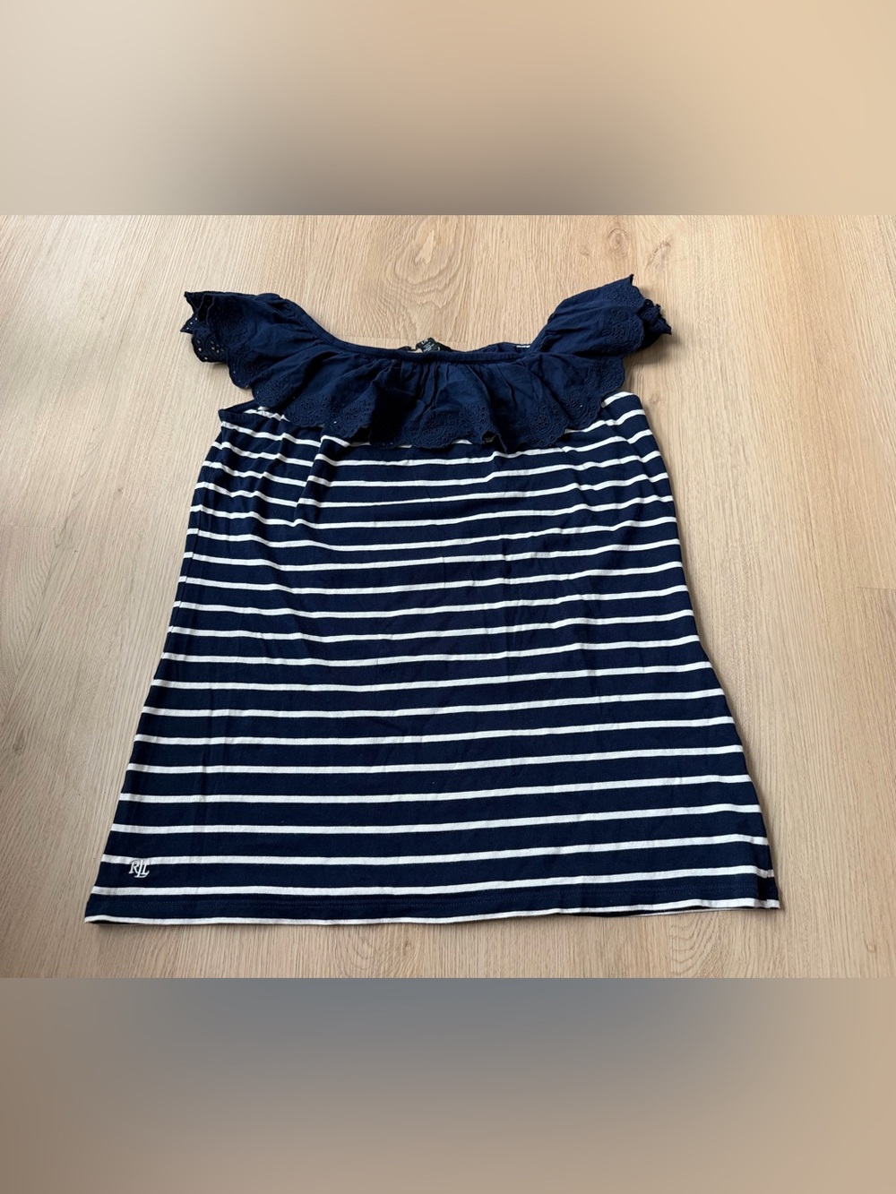 Lauren Ralph Lauren Womens Ruffle Eyelet Off Shoulder Top Blue Preppy Coastal L